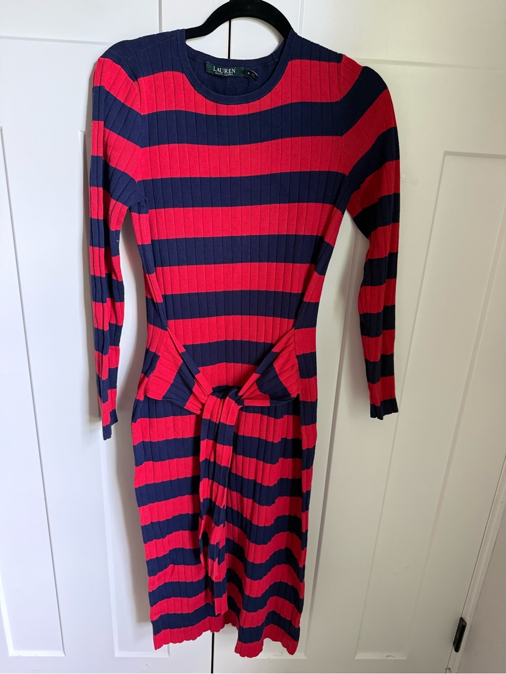 Lauren Ralph Lauren Red & Navy Striped Tie-Waist Ribbed Dress size S. EUC.